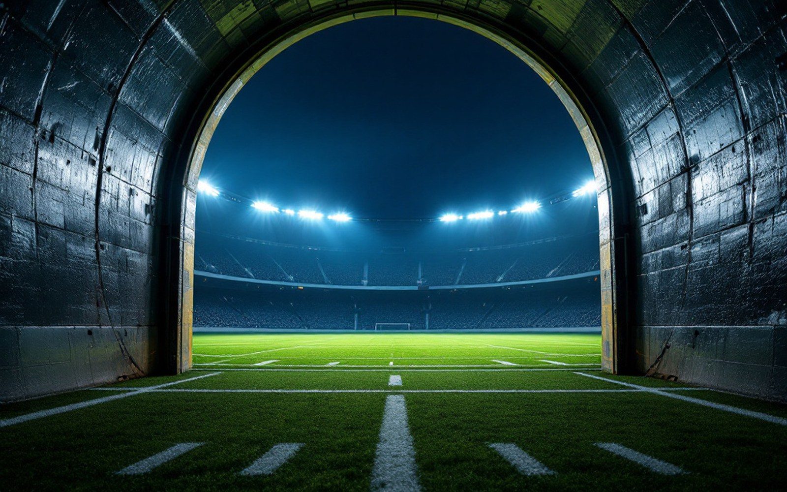 Stadium tunnel opening onto a floodlit grass pitch