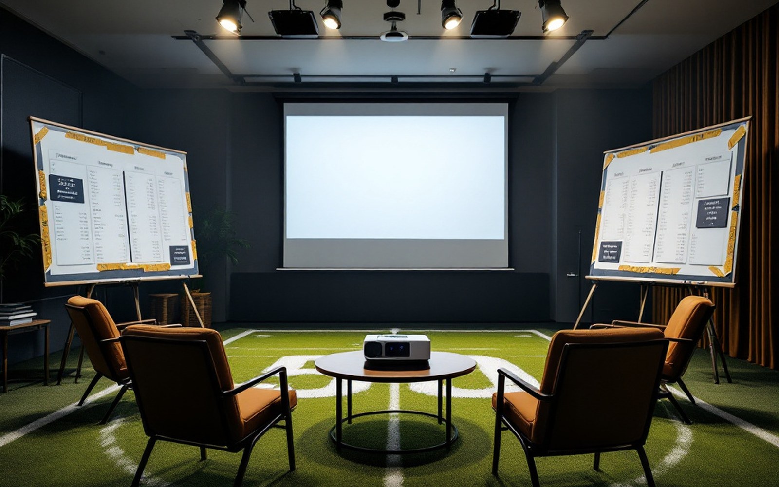 A room set with chairs and a projector before a draft