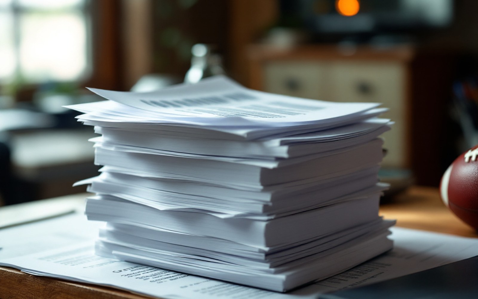 A stack of bound arbitration reports on a desk