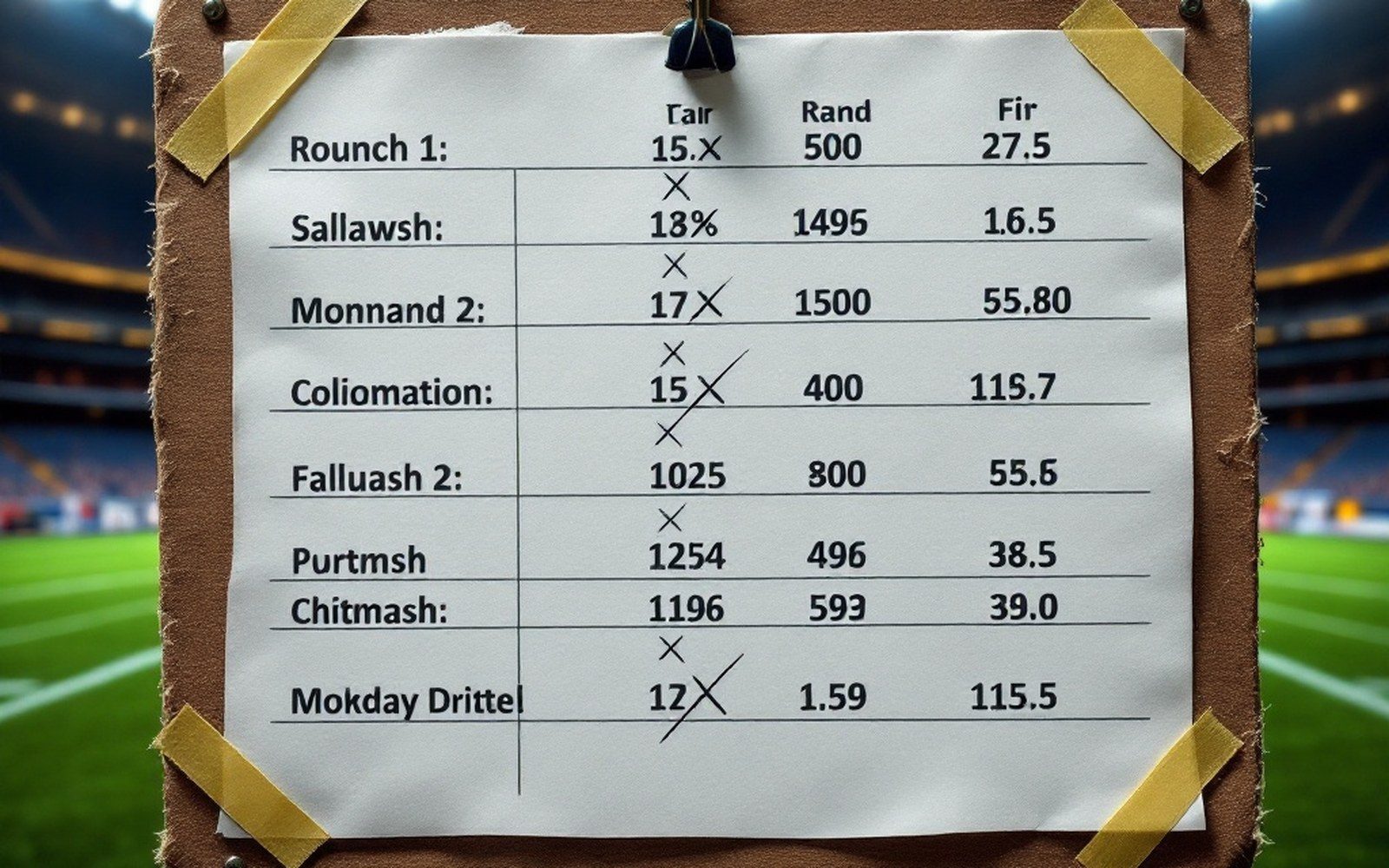 A printed draft board with several rounds crossed through