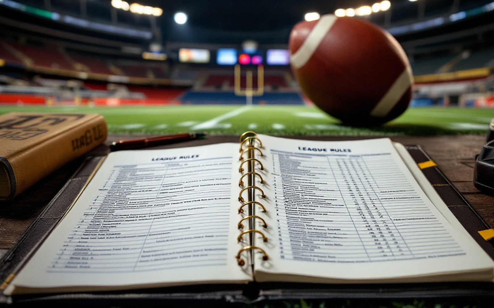 A ring binder of typed league rules open on a table