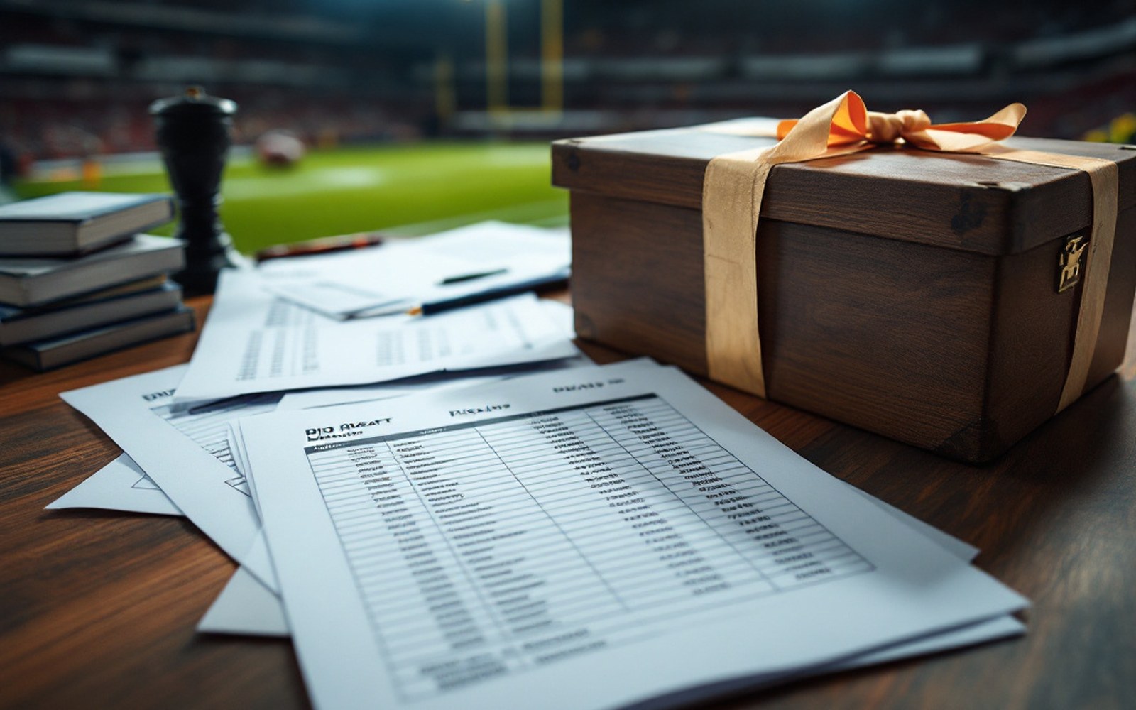 A cash box and printed bid sheets on a table