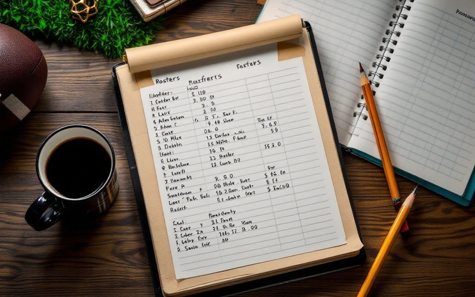 A spiral notebook of rosters in pencil beside a mug