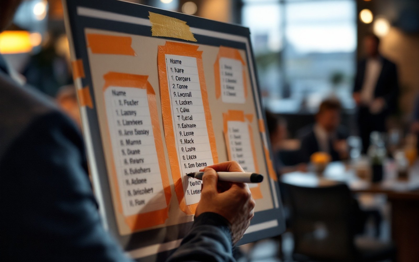 A taped draft board half filled with name stickers, marker in hand, function room behind